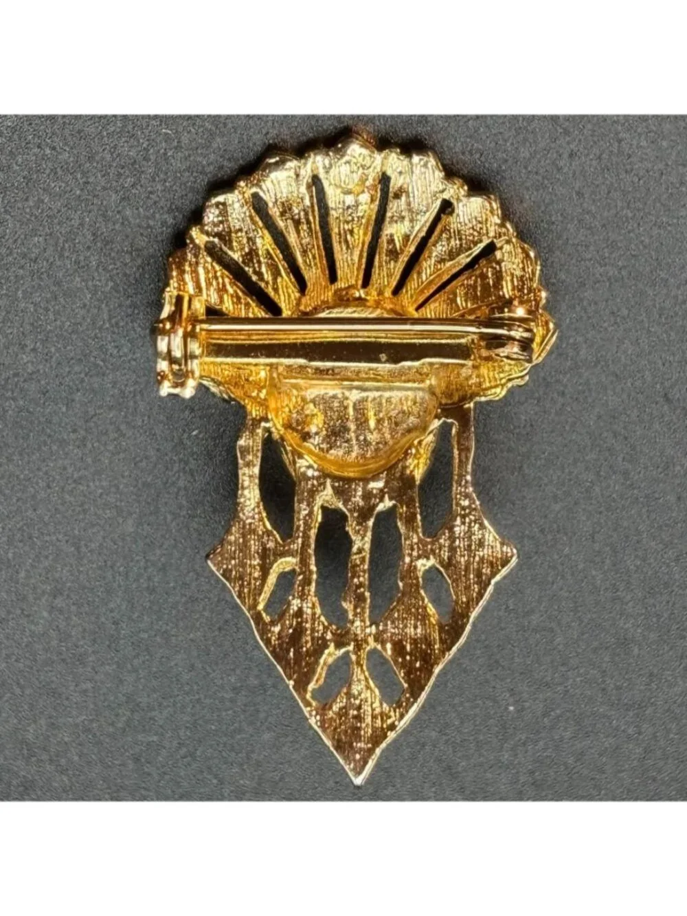 Vintage Art Deco Revival Brooch Mid Century Gold Sunburst Jelly Cabochon Pin MCM